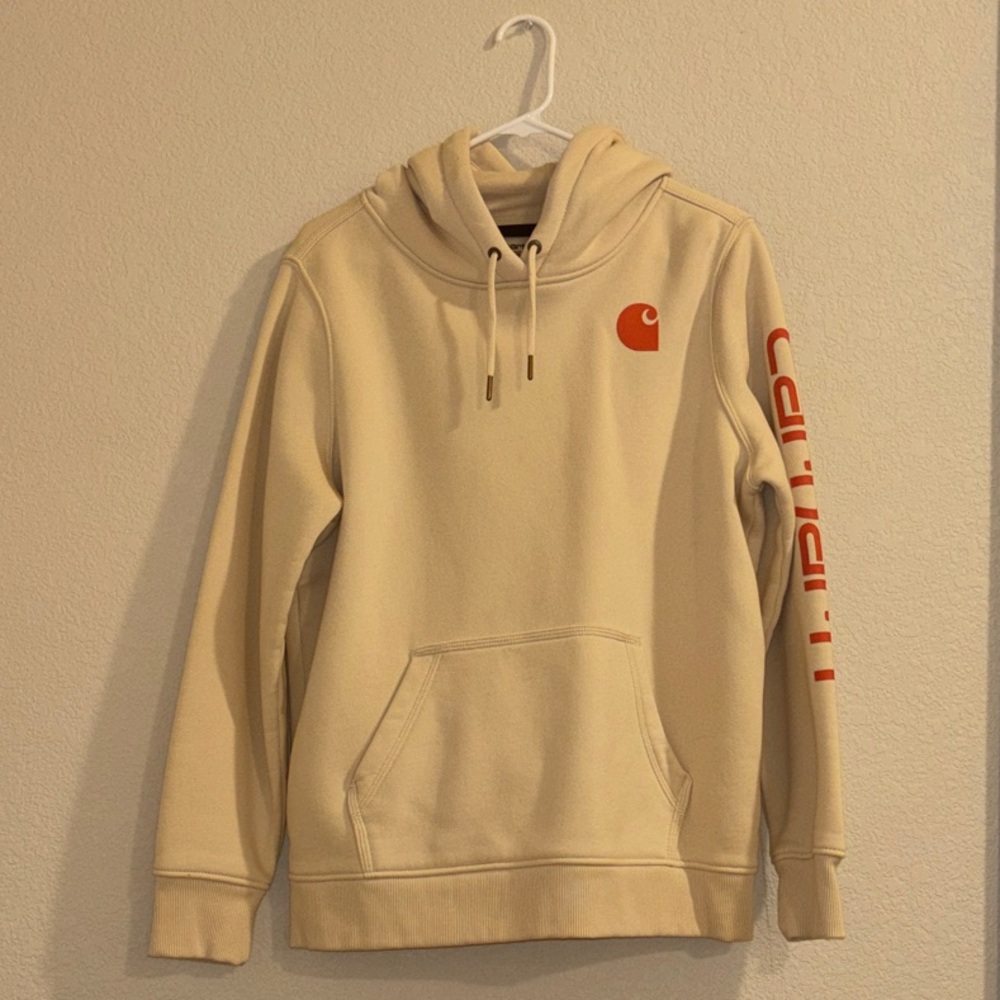 Carhartt Cream Hoodie with Orange Logo